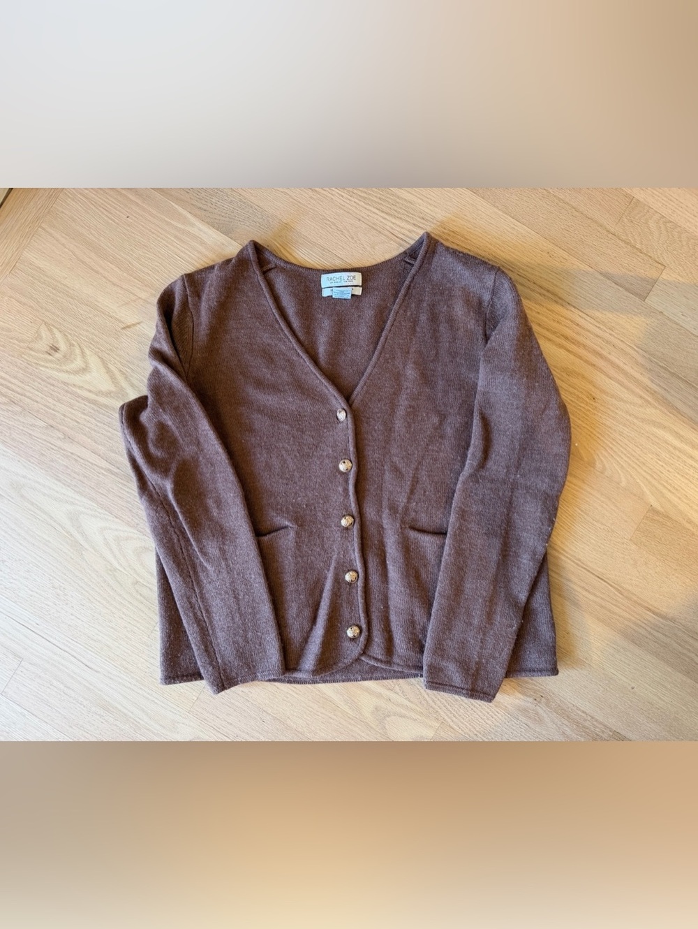 Rachel Zoe Extrafine Merino Wool V-Neck Button Cardigan Brown Medium